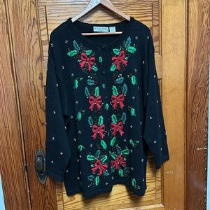 Victoria Jones beaded Holiday Sweater with Holly leaves and red ribbons size 1X